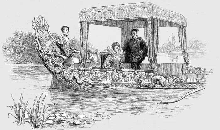 Framed Print : Queen Elizabeth I. In her State Barge, c.1560, 1890. Creator: Unknown Framed Print : Queen Elizabeth I. In her State Barge, c.1560, 1890. Creator: Unknown