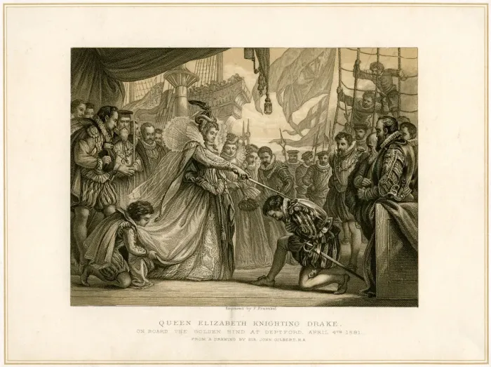 Framed Print : Queen Elizabeth Knighting Drake on board the Golden Hind... April 4th 1581, (19th century). Artist: F Fraenkel Framed Print : Queen Elizabeth Knighting Drake on board the Golden Hind... April 4th 1581, (19th century). Artist: F Fraenkel
