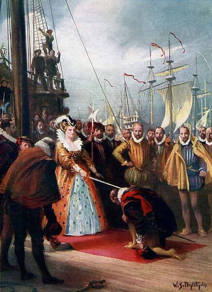 Queen Elizabeth Knighting Sir Francis Drake, 1581, (c1920). Artist: WS Bagdatopulos