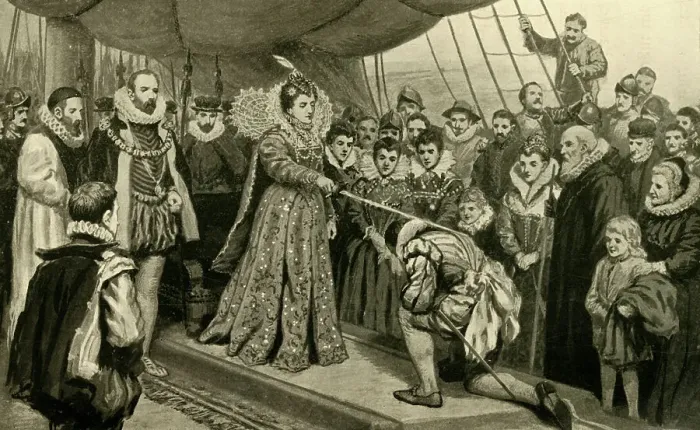 Framed Print : Queen Elizabeth Knighting Sir Francis Drake, (1902). Creator: Unknown Framed Print : Queen Elizabeth Knighting Sir Francis Drake, (1902). Creator: Unknown