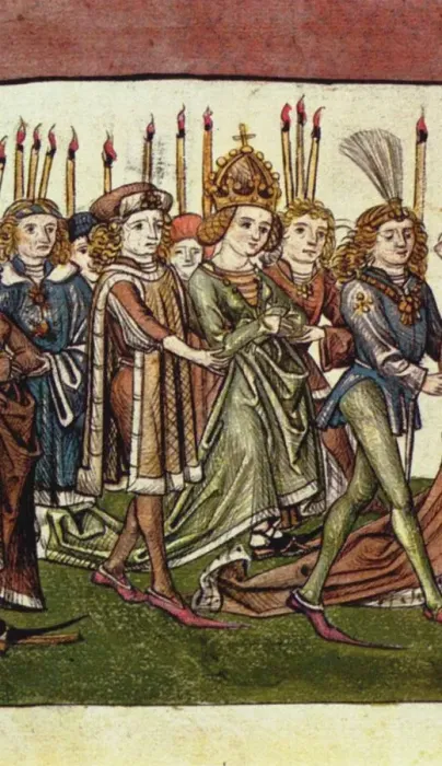 Framed Print : Queen Elizabeth of Luxembourg. Detail from the Richentals illustrated chronicle, c. 1440. Artist: Master of the Chronicle of the Council of Constance (active c. 1440) Framed Print : Queen Elizabeth of Luxembourg. Detail from the Richentals illustrated chronicle, c. 1440. Artist: Master of the Chronicle of the Council of Constance (active c. 1440)