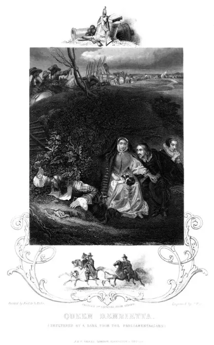 Framed Print : Queen Henrietta (1609-1669) sheltered by a bank from the parliamentarians, 19th century. Artist: J Rogers Framed Print : Queen Henrietta (1609-1669) sheltered by a bank from the parliamentarians, 19th century. Artist: J Rogers