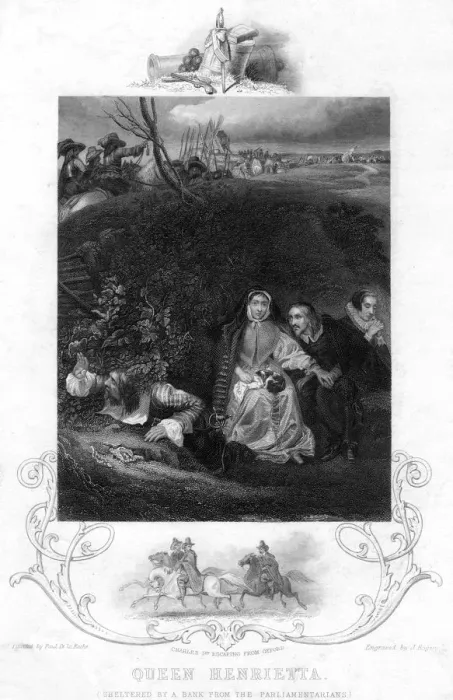 Framed Print : Queen Henrietta, sheltering by a bank from the Parliamentarians, c19th century. Artist: J Rogers Framed Print : Queen Henrietta, sheltering by a bank from the Parliamentarians, c19th century. Artist: J Rogers