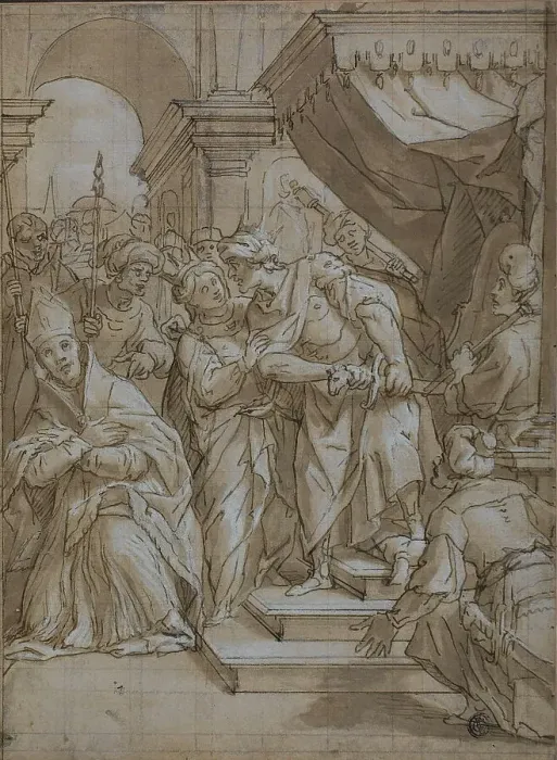 Framed Print : Queen Intervening to Spare the Life of a Bishop Saint, c.1634. Creator: Lazzaro Tavarone Framed Print : Queen Intervening to Spare the Life of a Bishop Saint, c.1634. Creator: Lazzaro Tavarone
