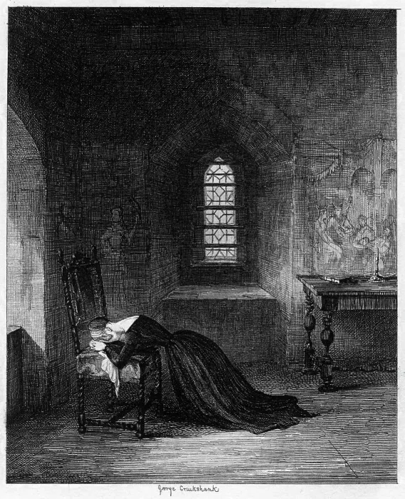 Framed Print : Queen Jane imprisoned in the Brick Tower, Tower of London, 1553-1554 (1840). Artist: George Cruikshank