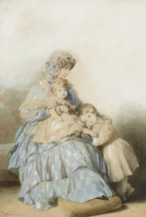 Framed Print : Queen Maria Amalia of the French, with children of Prince Louis, Duke of Nemours, 1845. Artist: Winterhalter, Franz Xaver, School of