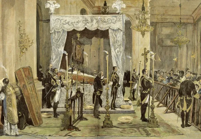 Framed Print : Queen Maria de las Mercedes Orleans receiving last rites queen of Spain, wife of Alphonse XII Framed Print : Queen Maria de las Mercedes Orleans receiving last rites queen of Spain, wife of Alphonse XII