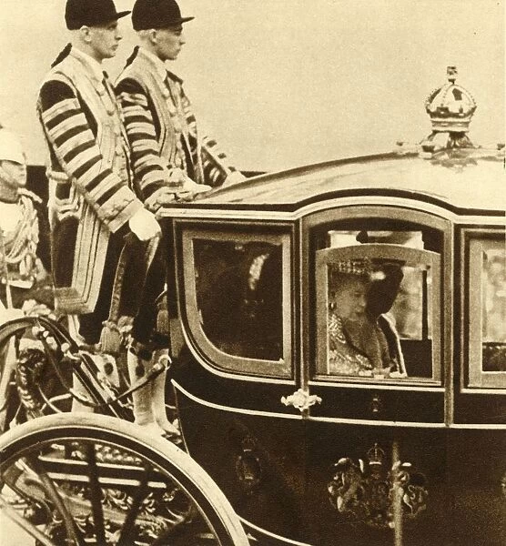 Queen Mary, in her coach of glass, accompanied by Queen Maud of Norway, 1937
