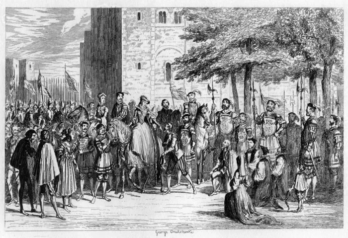 Framed Print : Queen Mary receiving the prisoners on the Tower Green, 1553 (1840). Artist: George Cruikshank Framed Print : Queen Mary receiving the prisoners on the Tower Green, 1553 (1840). Artist: George Cruikshank