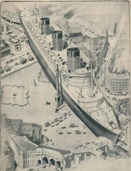 Framed Print : The Queen Mary In Relation To Trafalgar Square, London, 1936 Framed Print : The Queen Mary In Relation To Trafalgar Square, London, 1936