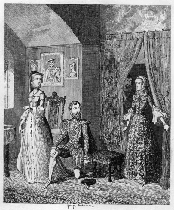 Framed Print : Queen Mary surprising Courtenay and the Princess Elizabeth, 1553-1555 (1840). Artist: George Cruikshank Framed Print : Queen Mary surprising Courtenay and the Princess Elizabeth, 1553-1555 (1840). Artist: George Cruikshank