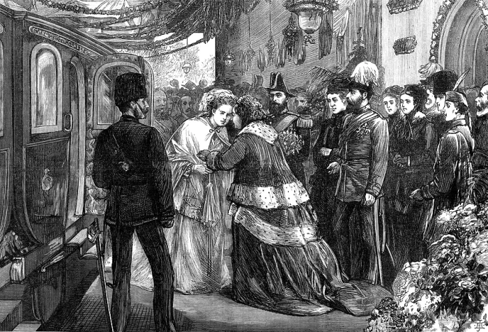 Framed Print : The Queen meeting the Duke and Duchess of Edinburgh at Windsor Railway Station, 1874. Creator: Unknown Framed Print : The Queen meeting the Duke and Duchess of Edinburgh at Windsor Railway Station, 1874. Creator: Unknown