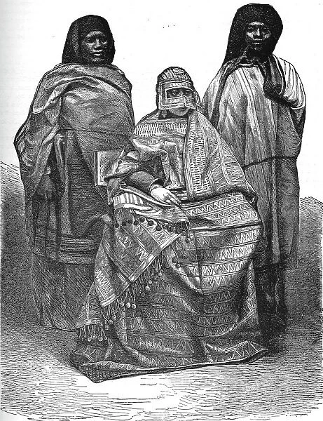 Queen of Mohilla, and her attendants; A Birds-eye View of Madagascar, 1875. Creator: M.D Charnay