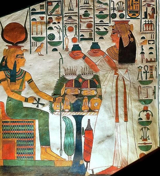 Queen Nefertari presenting offerings to the goddess Hathor, ca 1298-1235 BC. Creator: Ancient Egypt