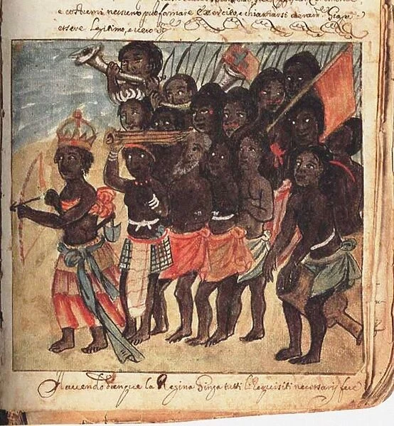Queen Nzinga with Military Entourage, Kingdom of Matamba, Angola (From: Manoscritti Araldi)