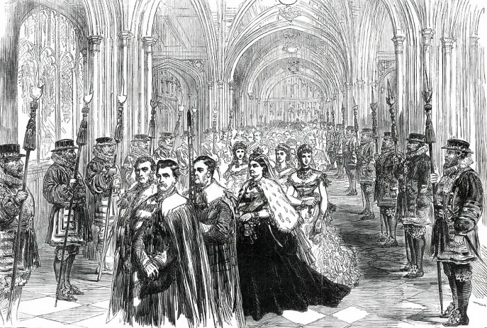 Framed Print : The Queen Opening Parliament: Procession in the Peers Corridor, 1876. Creator: Unknown Framed Print : The Queen Opening Parliament: Procession in the Peers Corridor, 1876. Creator: Unknown