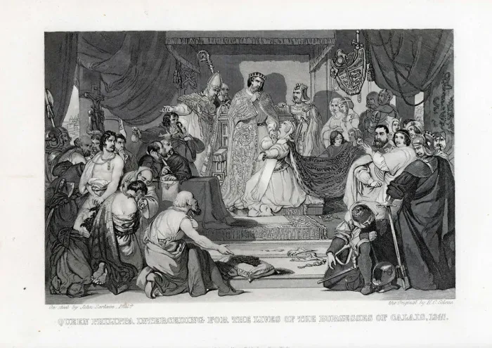 Framed Print : Queen Philippa Interceding for the Lives of the Burghers of Calais, 1347, 1882. Artist: Sartain, John (1808-1897) Framed Print : Queen Philippa Interceding for the Lives of the Burghers of Calais, 1347, 1882. Artist: Sartain, John (1808-1897)