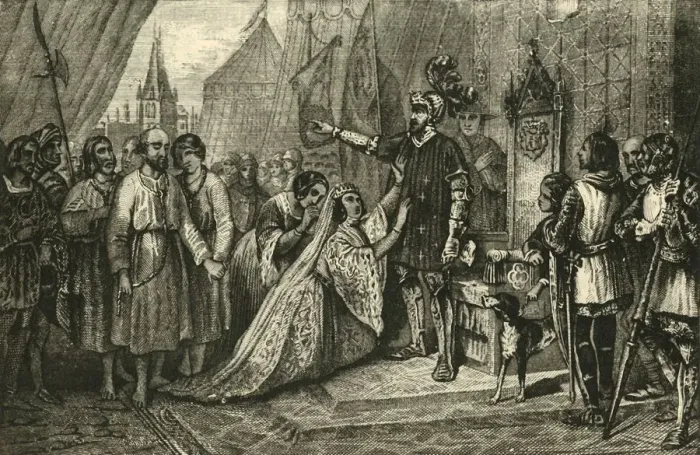 Framed Print : Queen Phillippa Interceding for the Citizens of Calais, (1347), 1890. Creator: Unknown Framed Print : Queen Phillippa Interceding for the Citizens of Calais, (1347), 1890. Creator: Unknown