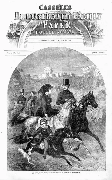 Framed Print : The Queen, Prince Albert, and Prince of Wales, on horseback in Windsor Park: Front Page; Cassells I Creator: Unknown Framed Print : The Queen, Prince Albert, and Prince of Wales, on horseback in Windsor Park: Front Page; Cassells I Creator: Unknown