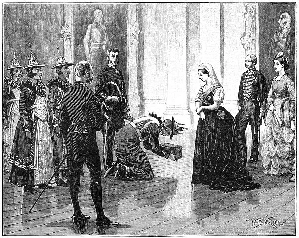 The queen receiving the Burmese embassy, mid-late 19th century, (1900). Artist: William Barnes Wollen