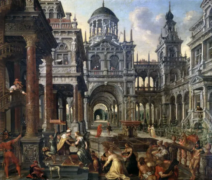 Framed Print : The Queen of Sheba before Solomon, 1601. Artist: Hans Vredeman de Vries Framed Print : The Queen of Sheba before Solomon, 1601. Artist: Hans Vredeman de Vries