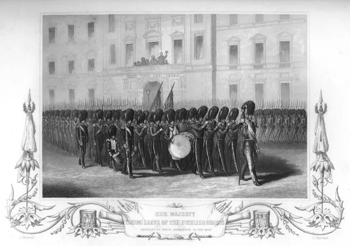 Framed Print : Queen Victoria (1819-1901) taking leave of the Fusilier Guards, London, 1857. Artist: T Sherratt Framed Print : Queen Victoria (1819-1901) taking leave of the Fusilier Guards, London, 1857. Artist: T Sherratt