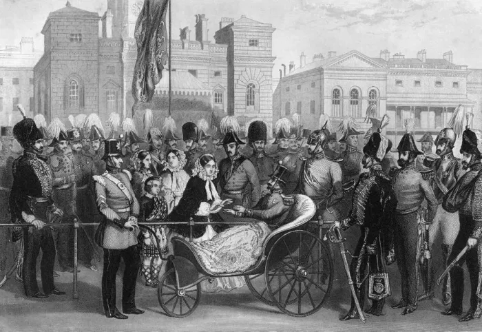 Framed Print : Queen Victoria distributing the Crimean medals, Horse Guards, 18 May 1856, (1857). Artist: R Hind Framed Print : Queen Victoria distributing the Crimean medals, Horse Guards, 18 May 1856, (1857). Artist: R Hind