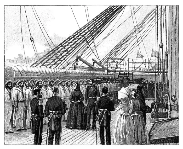 Framed Print : Queen Victoria inspecting HMS Galatea, Osborne Bay, c1860s Framed Print : Queen Victoria inspecting HMS Galatea, Osborne Bay, c1860s
