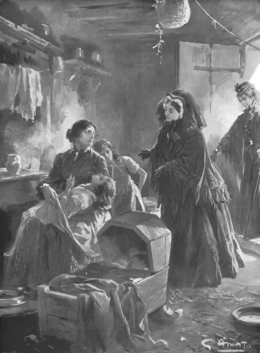 Framed Print : Queen Victoria and the poor: Her Majesty visiting a cottage home, (1901). Creator Framed Print : Queen Victoria and the poor: Her Majesty visiting a cottage home, (1901). Creator