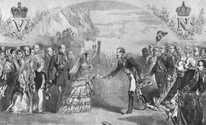 Framed Print : Queen Victoria received at Boulogne by the Emperor Napoleon III. August 18, 1855, (1901) Framed Print : Queen Victoria received at Boulogne by the Emperor Napoleon III. August 18, 1855, (1901)