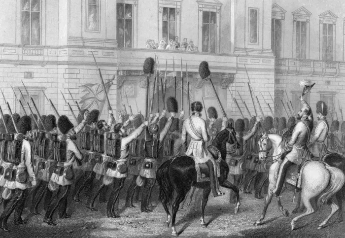Framed Print : Queen Victoria receiving the Guards at Buckingham Palace, 1857. Artist: G Greatbach Framed Print : Queen Victoria receiving the Guards at Buckingham Palace, 1857. Artist: G Greatbach