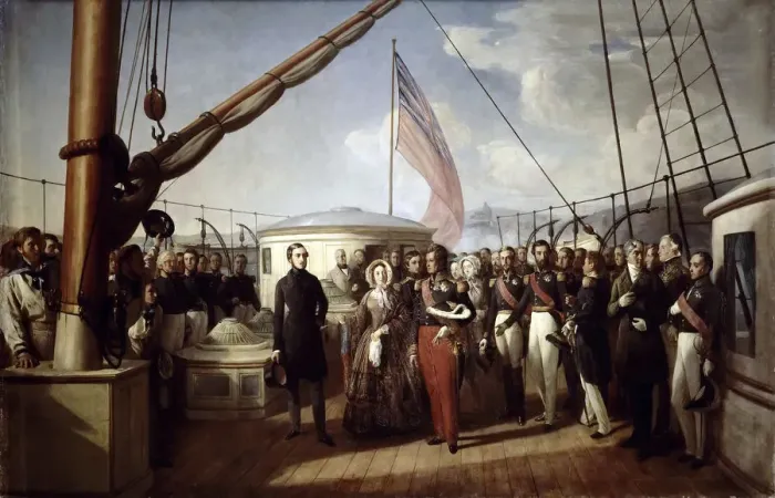 Framed Print : Queen Victoria recieved the King Louis Philippe I on board the Royal Yacht, 2 September 1843. Artist: Biard, Francois-August (1798-1882) Framed Print : Queen Victoria recieved the King Louis Philippe I on board the Royal Yacht, 2 September 1843. Artist: Biard, Francois-August (1798-1882)