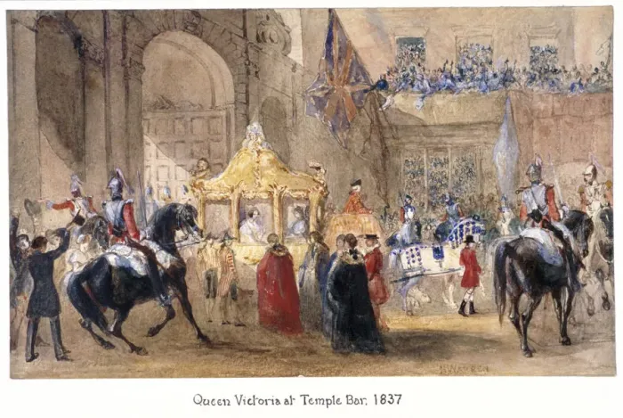 Framed Print : Queen Victoria at Temple Bar, London, 1837. Artist: Henry Warren Framed Print : Queen Victoria at Temple Bar, London, 1837. Artist: Henry Warren