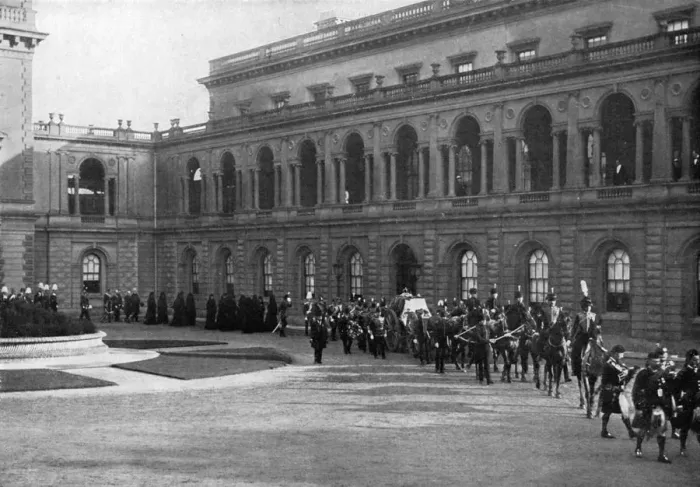 Framed Print : Queen Victorias funeral procession leaving Osborne House, Isle of Wight, February 1st, 1901. Artist: Hughes & Mullins Framed Print : Queen Victorias funeral procession leaving Osborne House, Isle of Wight, February 1st, 1901. Artist: Hughes & Mullins