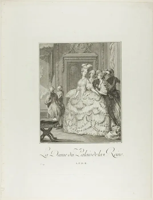 Framed Print : The Queen's Lady-in-Waiting, from Monument du Costume Physique et Moral de la fin... 1777. Creators: Pietro Antonio Martini, Laurent-François Prault Framed Print : The Queen's Lady-in-Waiting, from Monument du Costume Physique et Moral de la fin... 1777. Creators: Pietro Antonio Martini, Laurent-François Prault