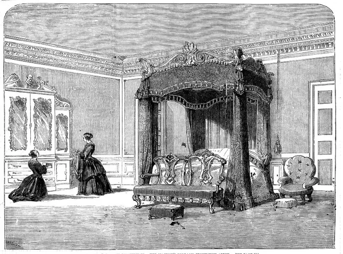 Framed Print : The Queen's Visit to Birmingham - Her Majesty's Bedroom, Stoneleigh Abbey, 1858. Creator: Unknown Framed Print : The Queen's Visit to Birmingham - Her Majesty's Bedroom, Stoneleigh Abbey, 1858. Creator: Unknown
