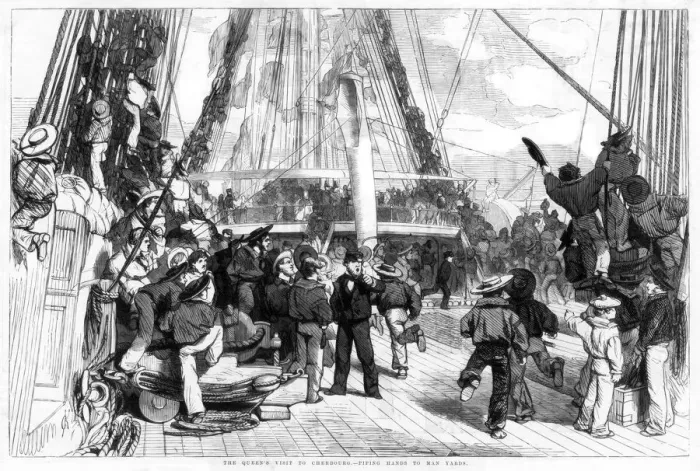Framed Print : The Queens Visit to Cherbourg - Piping Hands to Man Yards, 1858 Framed Print : The Queens Visit to Cherbourg - Piping Hands to Man Yards, 1858