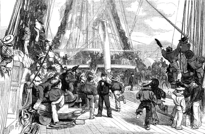 Framed Print : The Queen's Visit to Cherbourg - Piping Hands to Man Yards, 1858. Creator: Unknown Framed Print : The Queen's Visit to Cherbourg - Piping Hands to Man Yards, 1858. Creator: Unknown