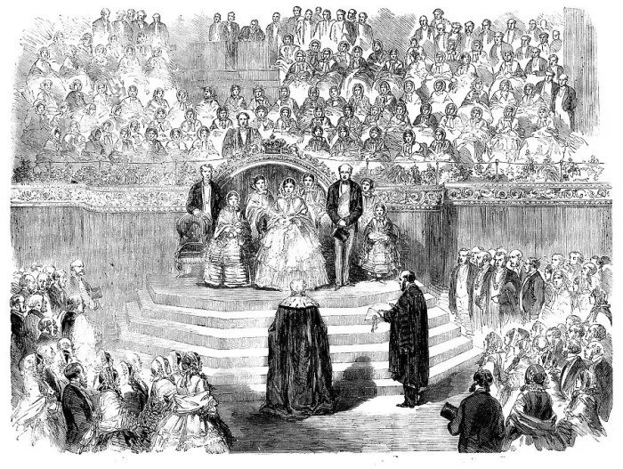 Framed Print : The Queen's Visit to Leeds - the Town Clerk reading the Address to Her Majesty in the Townhall, 1858 Creator: Unknown