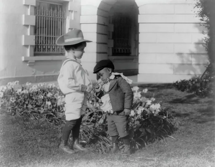 Framed Print : Quentin Roosevelt as a child in front of a flower garden...White House, Washington DC, c1900 - 1905. Creator: Frances Benjamin Johnston Framed Print : Quentin Roosevelt as a child in front of a flower garden...White House, Washington DC, c1900 - 1905. Creator: Frances Benjamin Johnston