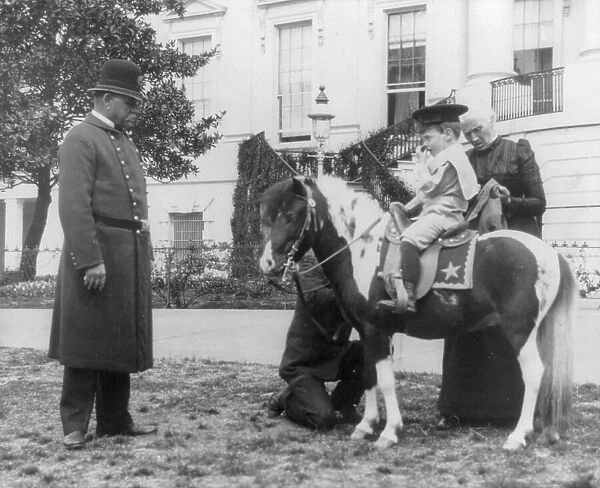 Quentin Roosevelt on pony in front of White House, 1900?. Creator: Frances Benjamin Johnston