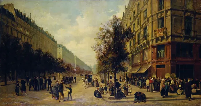 Framed Print : Queue à la porte d'une épicerie (angle de la rue Réaumur et du boulevard Sébastopol)... 1871. Creators: Alfred Decaen, Jacques Guiaud Framed Print : Queue à la porte d'une épicerie (angle de la rue Réaumur et du boulevard Sébastopol)... 1871. Creators: Alfred Decaen, Jacques Guiaud