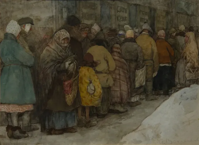 Framed Print : The Queue, ca 1921. Artist: Vakhrameyev, Alexander Ivanovich (1874-1926) Framed Print : The Queue, ca 1921. Artist: Vakhrameyev, Alexander Ivanovich (1874-1926)