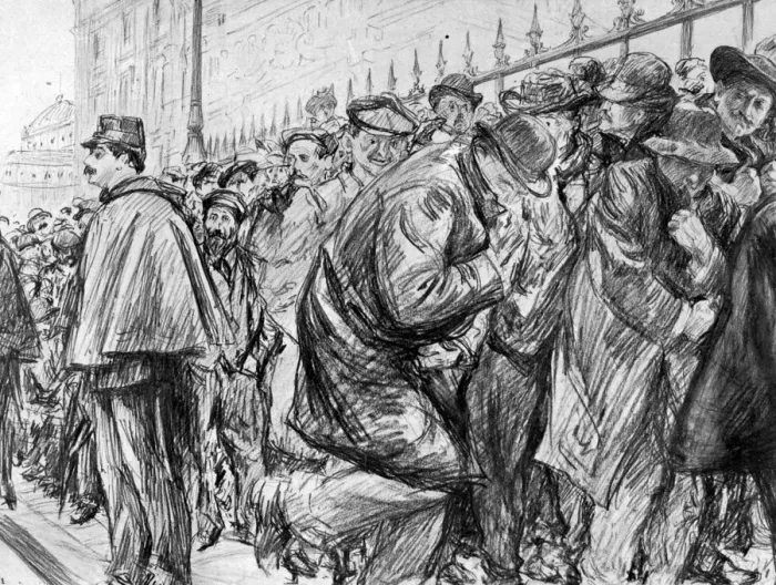 Framed Print : Queue outside the Palais de Justice during the trial of Marguerite Steinheil, Paris, France, 1909. Artist: Paul Charles Renouard Framed Print : Queue outside the Palais de Justice during the trial of Marguerite Steinheil, Paris, France, 1909. Artist: Paul Charles Renouard