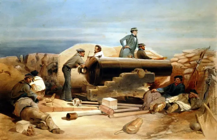 Framed Print : A Quiet Day in the Diamond Battery - portrait of a Lancaster 68-pounder, Crimean War 1855-1856. Artist: William Simpson Framed Print : A Quiet Day in the Diamond Battery - portrait of a Lancaster 68-pounder, Crimean War 1855-1856. Artist: William Simpson