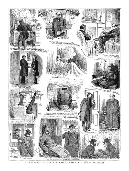Framed Print : A Quiet Pipe and a Temporary Misunderstanding which all ended in Smoke, 1890. Creator: Unknown Framed Print : A Quiet Pipe and a Temporary Misunderstanding which all ended in Smoke, 1890. Creator: Unknown