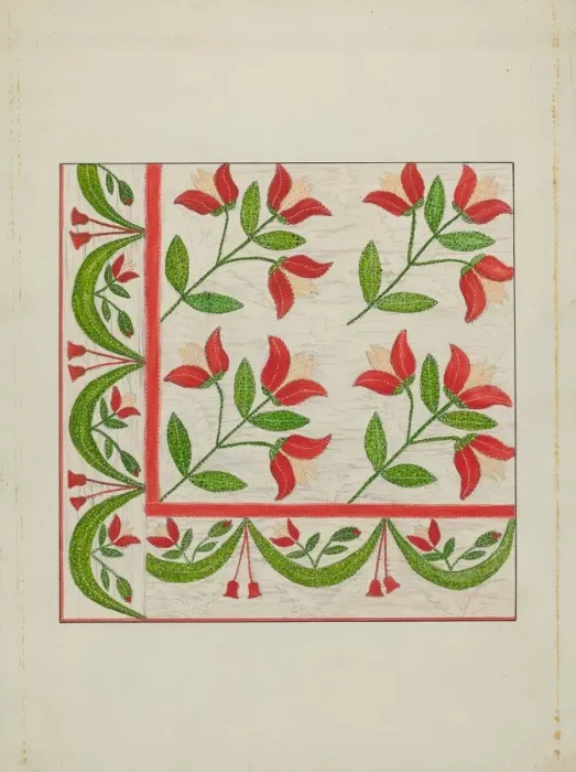 Framed Print : Quilt - Appliqued in Bellflower Design, c. 1937. Creator: Margaret Linsley
