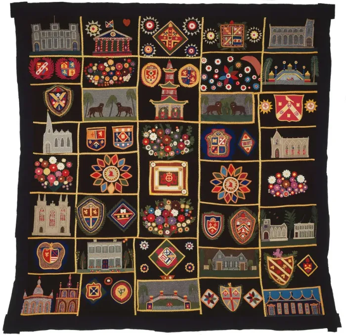 Framed Print : Quilt with Buildings, Animals, and Coats of Arms, New York, c. 1890. Creator: Unknown Framed Print : Quilt with Buildings, Animals, and Coats of Arms, New York, c. 1890. Creator: Unknown