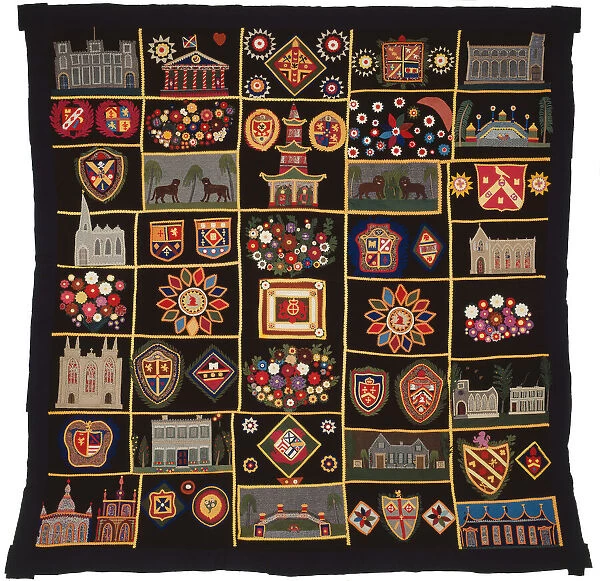 Quilt with Buildings, Animals, and Coats of Arms, New York, c. 1890. Creator: Unknown