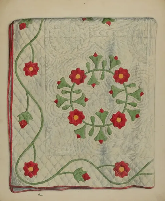 Framed Print : Quilt - Circle with Tulips, c. 1937. Creator: Ralph Atkinson Framed Print : Quilt - Circle with Tulips, c. 1937. Creator: Ralph Atkinson